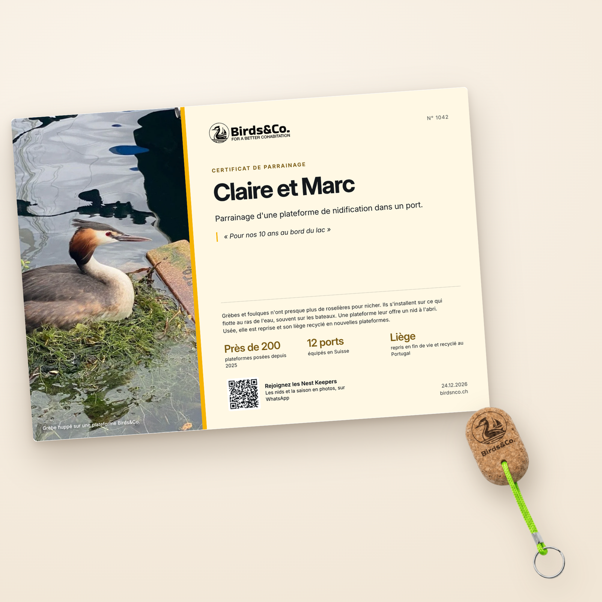 Certificat de parrainage à votre nom et porte-clés en liège Birds&Co.